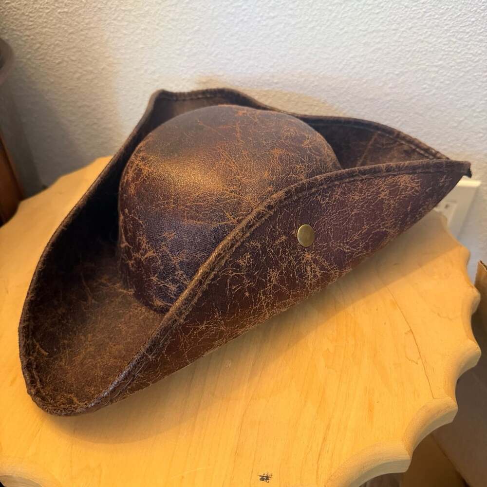 Distressed Faux Leather Brown Tricorn Pirate Hat